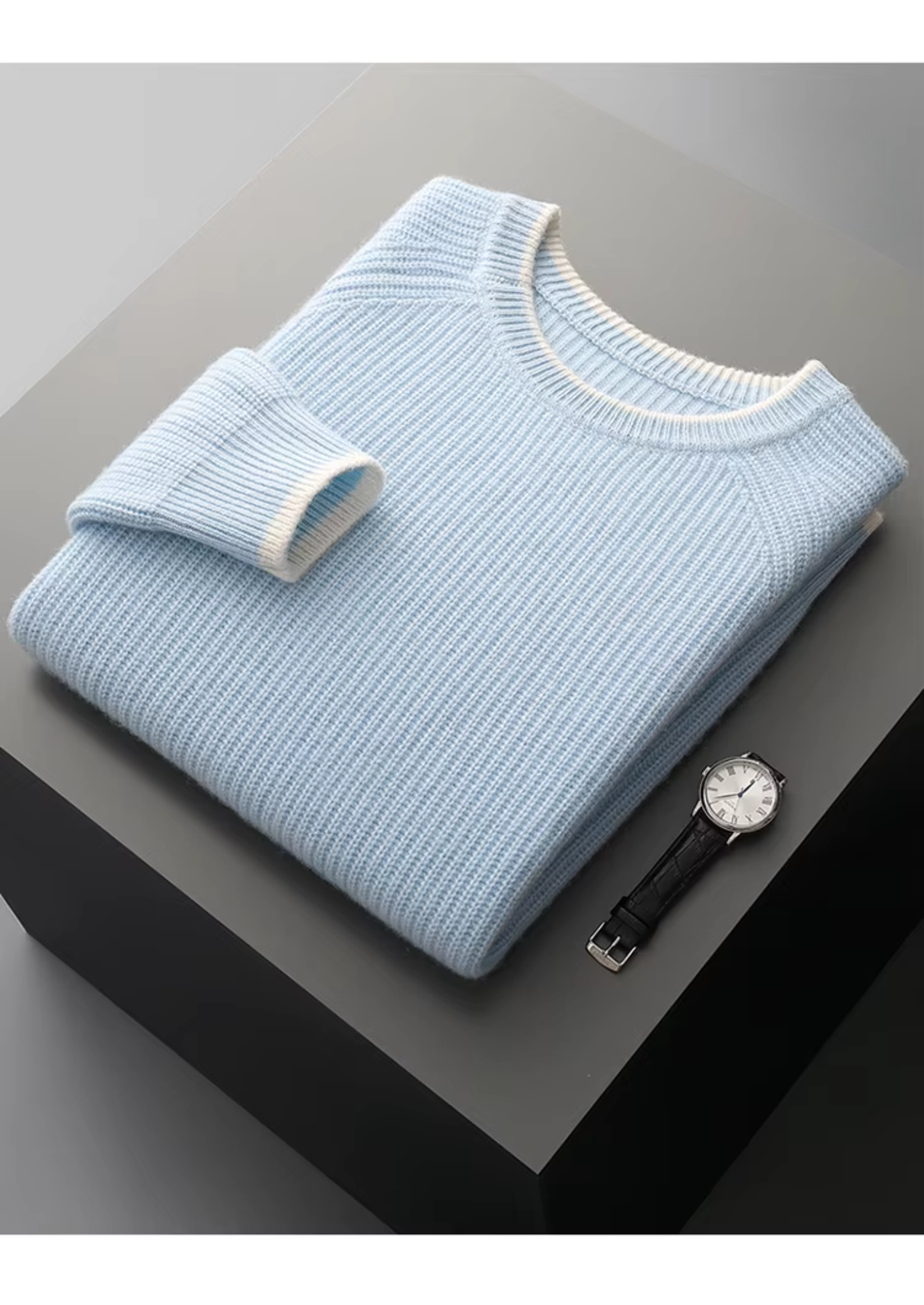 PURE EXTRA-FINE MERINO WOOL TWO TONE CREWNECK