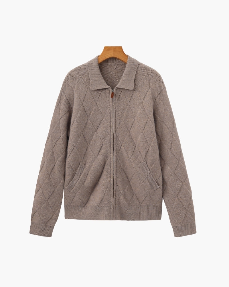 Heritage Diamond Pattern Zip-Up Cardigan