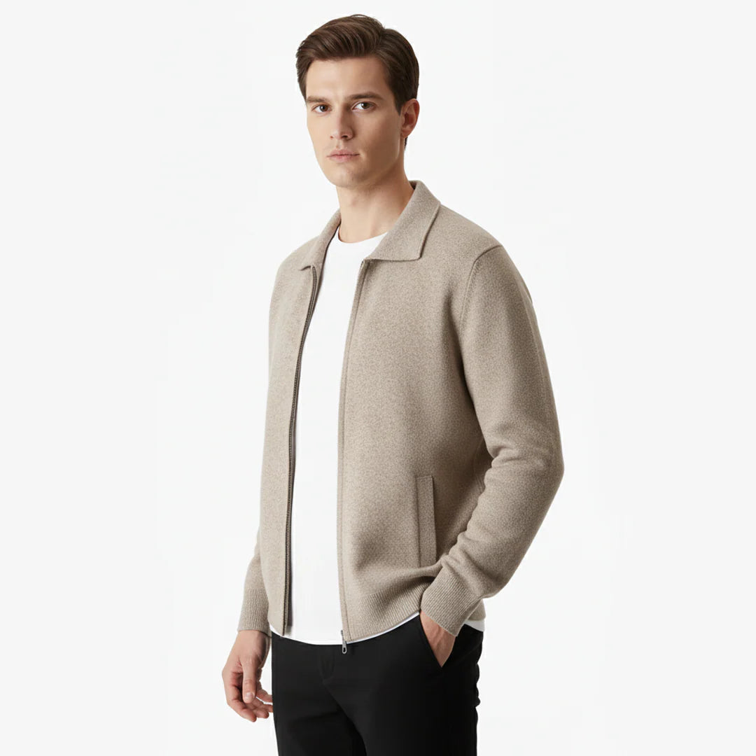 PURE EXTRA-FINE MERINO WOOL ZIP POLO CARDIGAN