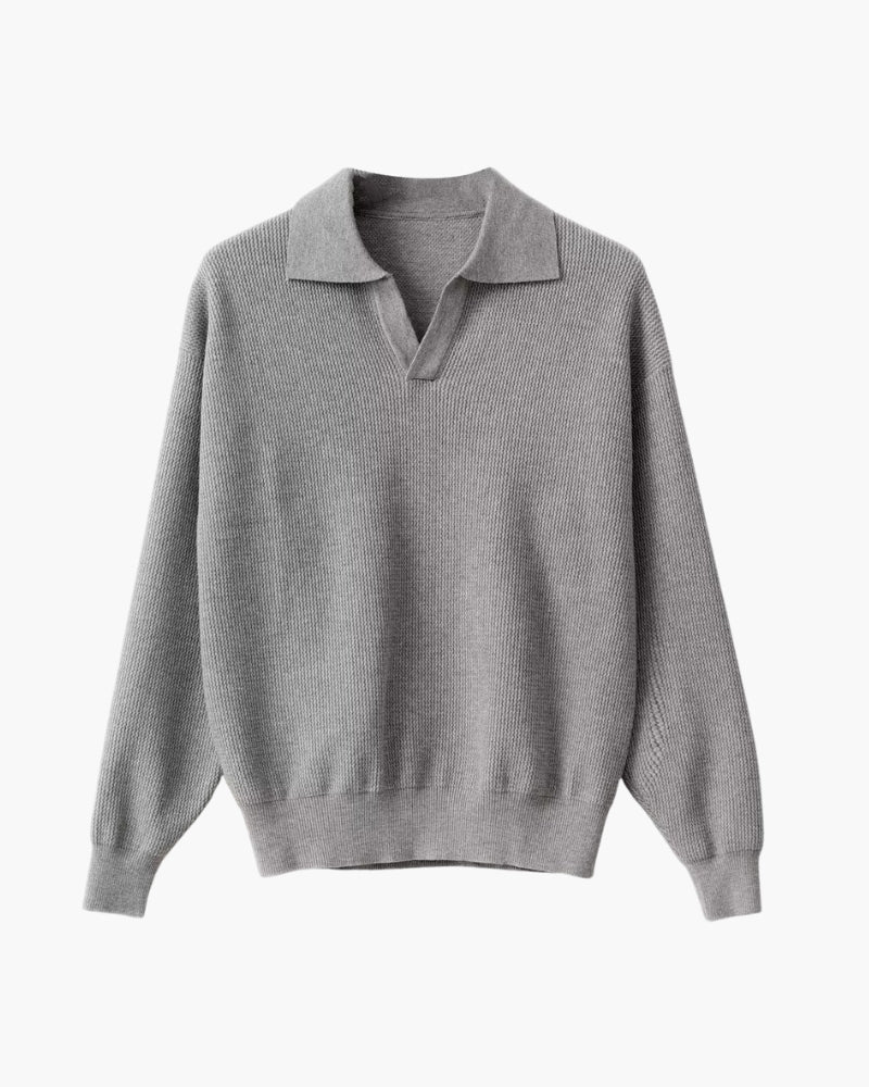 Textured Knit Polo Sweater" can be rewritten as "Knit Polo Sweater with Textured Design.