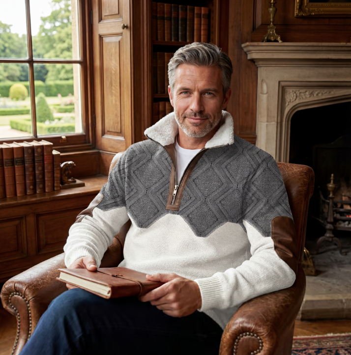 Zip-Up Sweater with a High Fur-Trimmed Collar