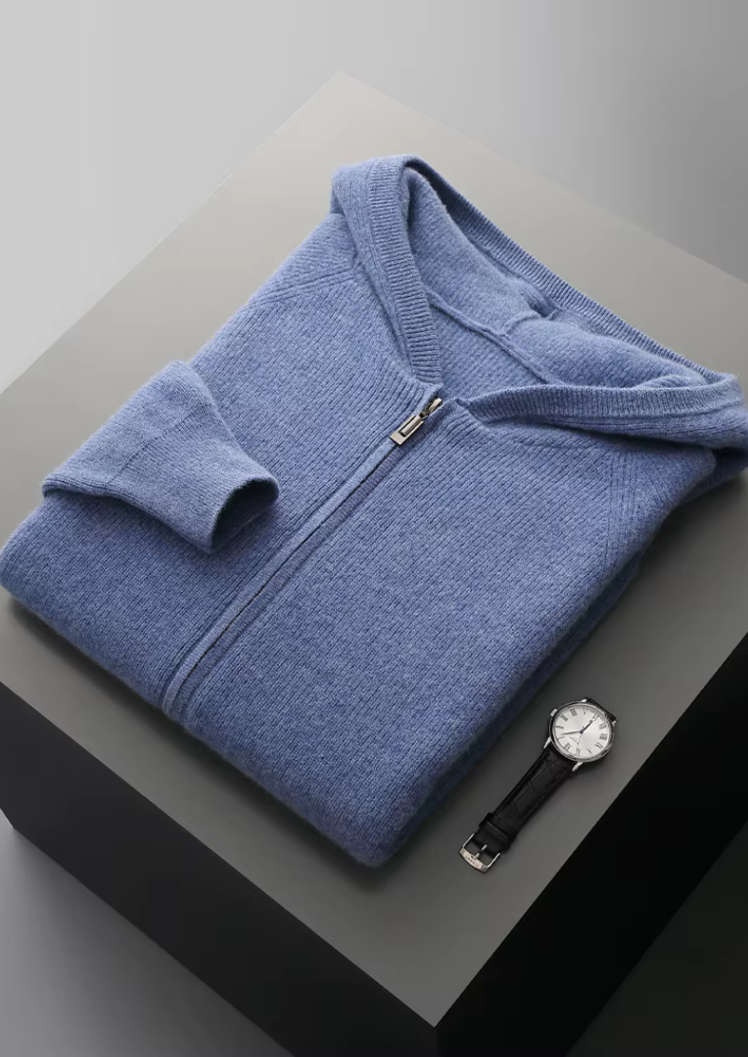 PURE EXTRA-FINE MERINO WOOL RIBBED ZIP HOODIE
