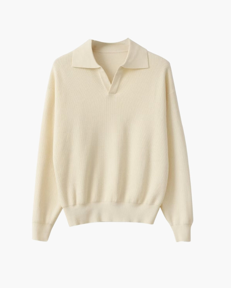 Textured Knit Polo Sweater" can be rewritten as "Knit Polo Sweater with Textured Design.