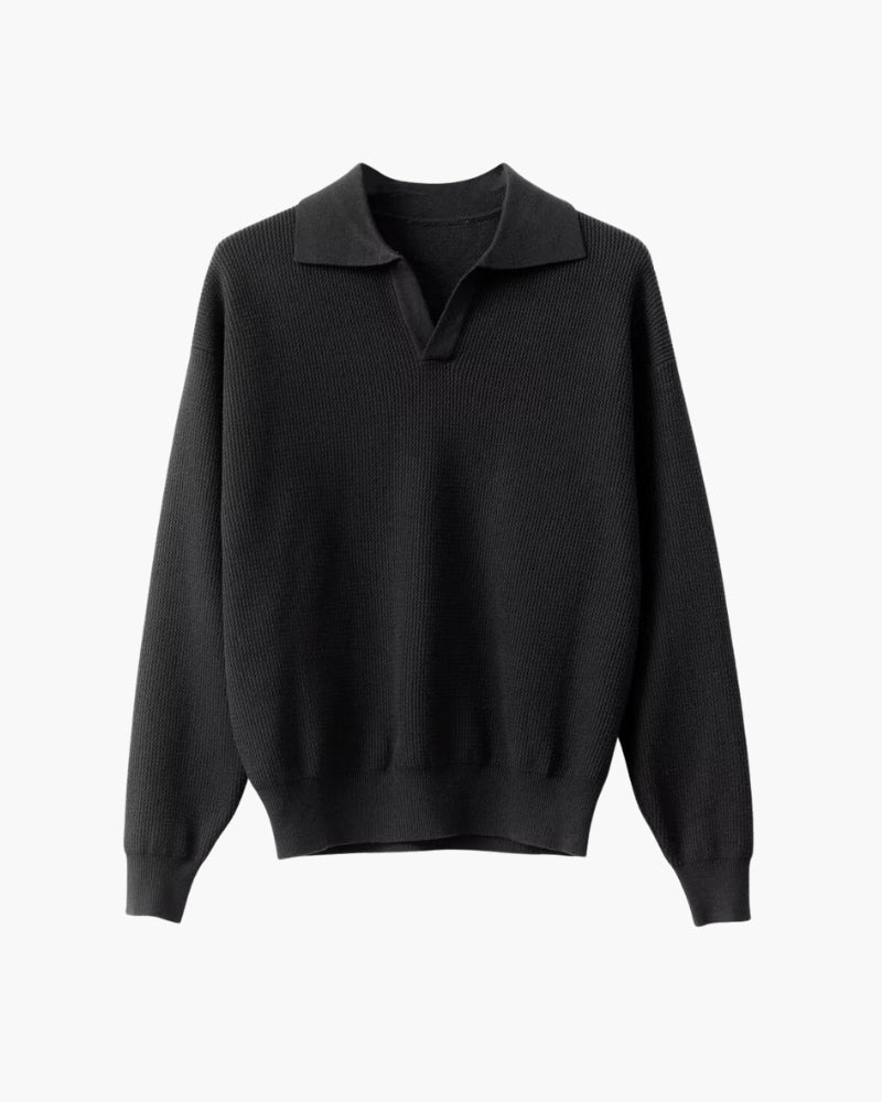 Textured Knit Polo Sweater" can be rewritten as "Knit Polo Sweater with Textured Design.