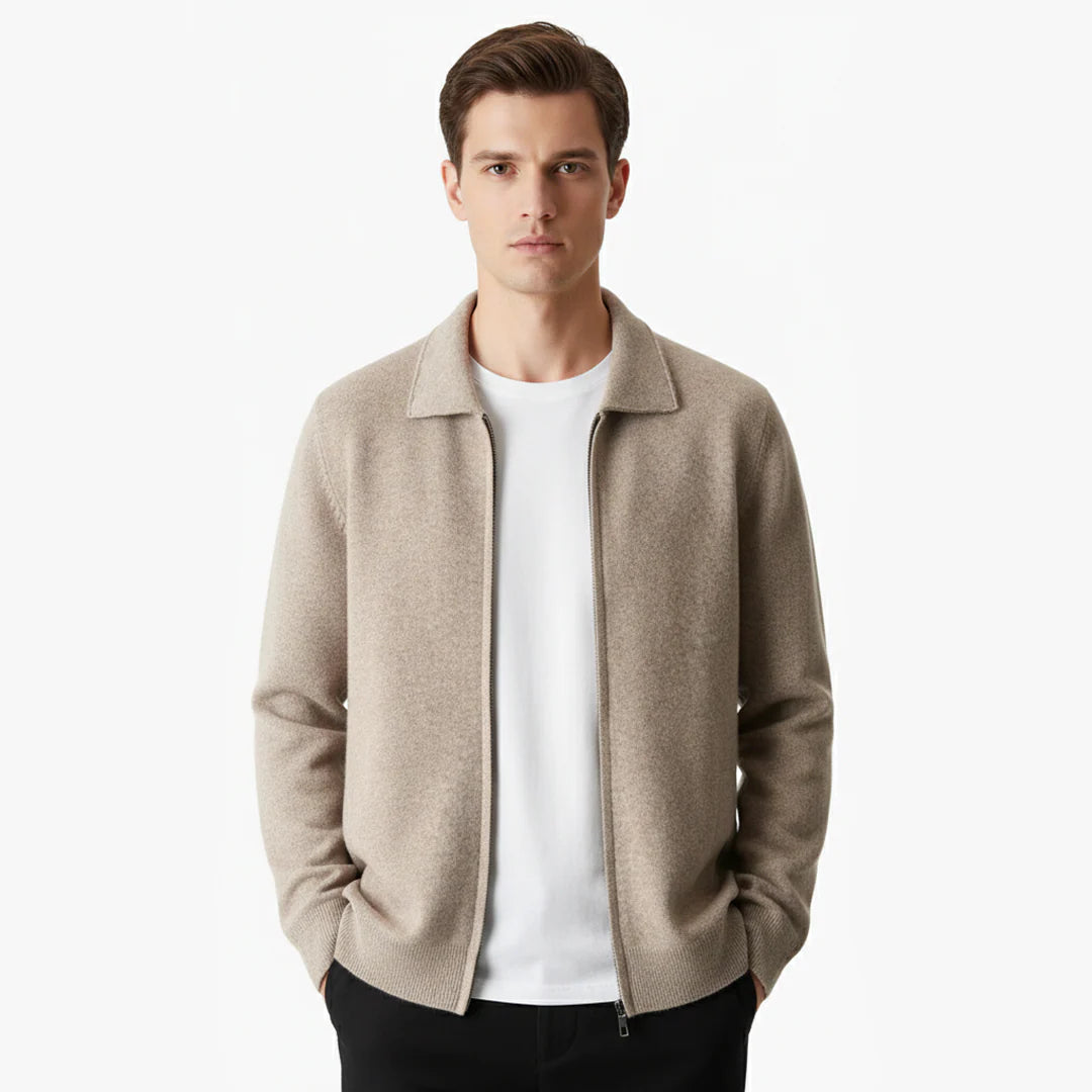 PURE EXTRA-FINE MERINO WOOL ZIP POLO CARDIGAN