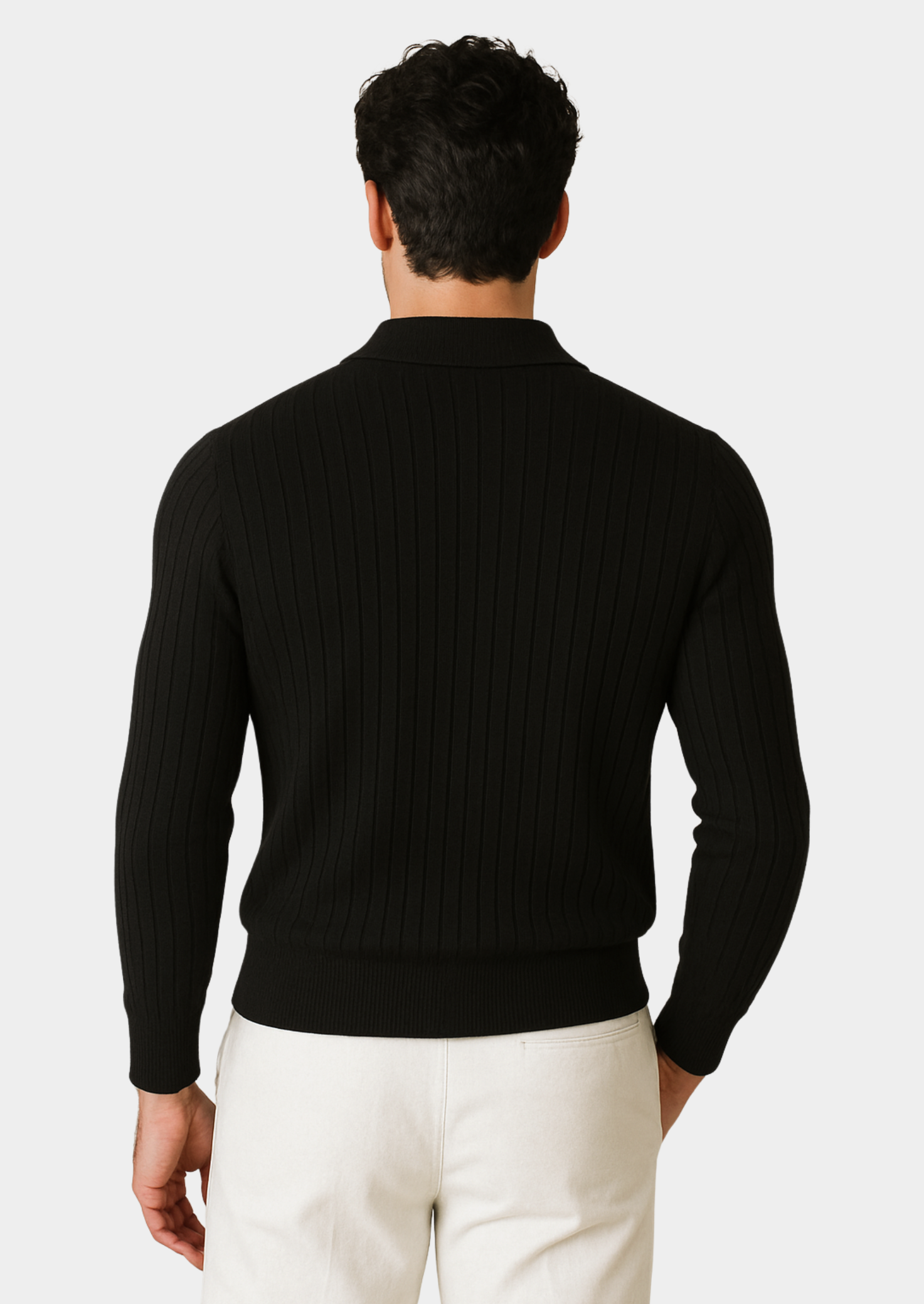 BLACK BUTTONLESS RIBBED POLO