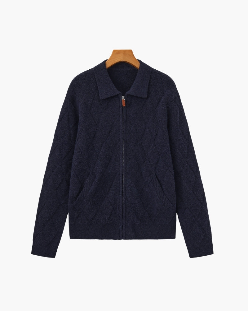 Heritage Diamond Pattern Zip-Up Cardigan