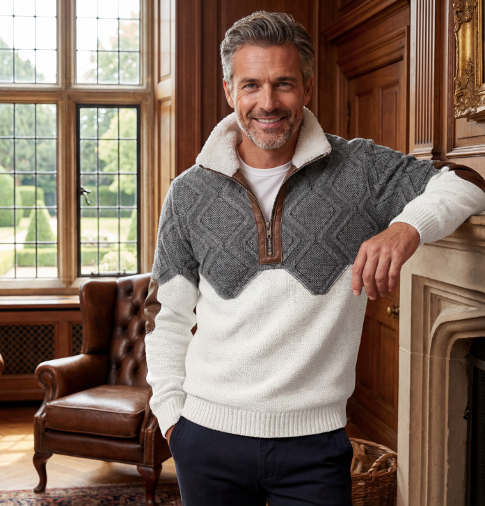 Zip-Up Sweater with a High Fur-Trimmed Collar