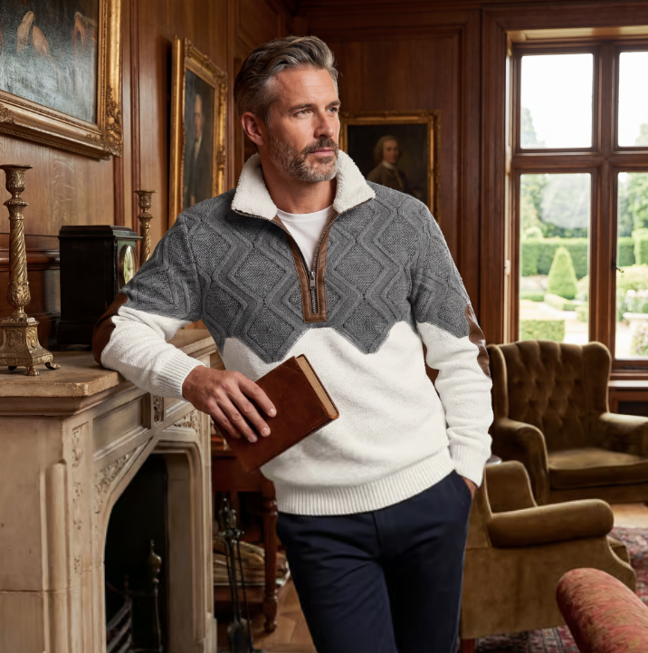 Zip-Up Sweater with a High Fur-Trimmed Collar