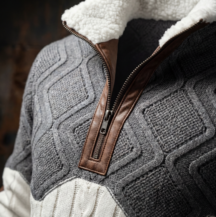 Zip-Up Sweater with a High Fur-Trimmed Collar